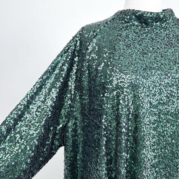 H&M Green Sequin Long Sleeve A-Line Mock Neck Mini Dress NWT - Picture 4 of 11